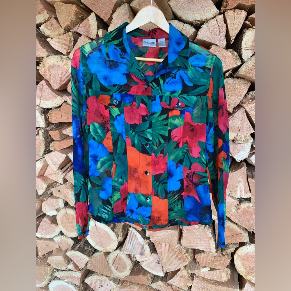 Silk Tropical‎ Floral Button Up Shirt Women Small Chico's